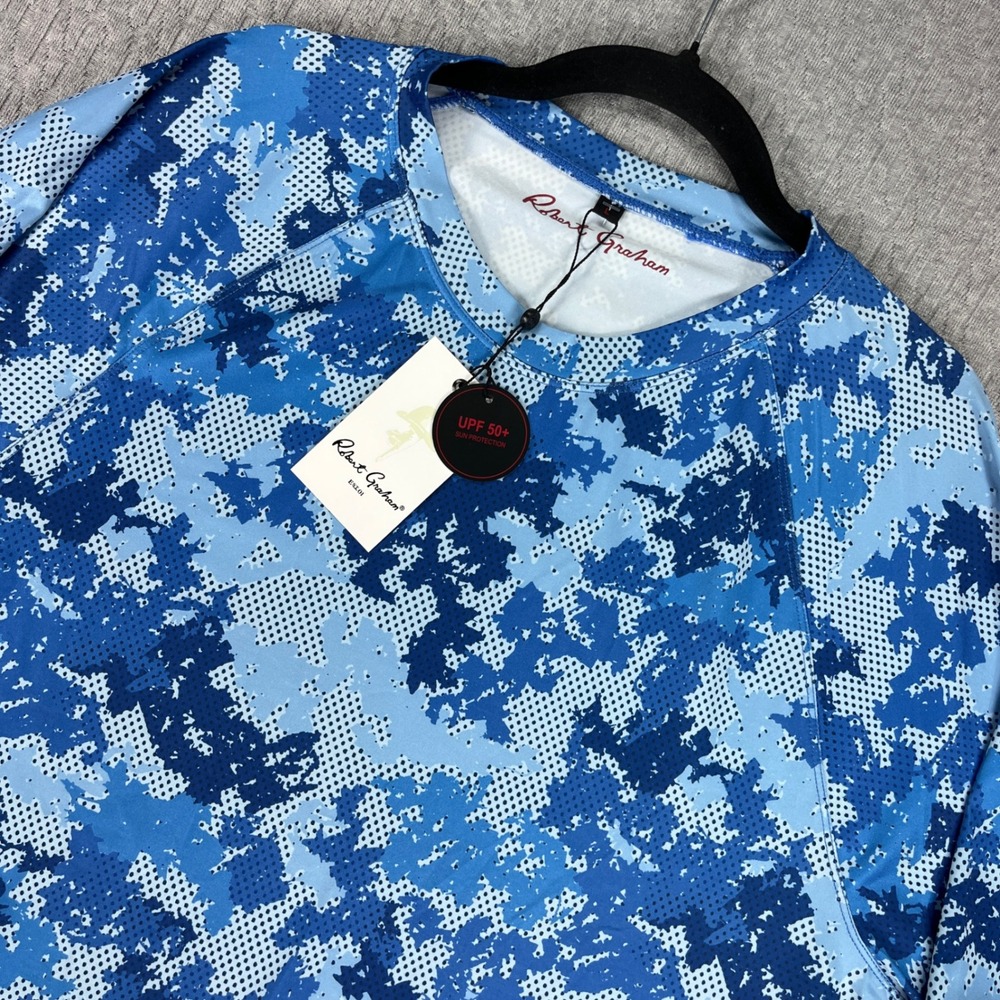 New Robert Graham Shirt Men L Blue Camo Long Sleeve UPF 50+ Performance SMRG114